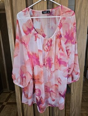 a.n.a Pink & Coral Floral Tunic Blouse Sz 2x